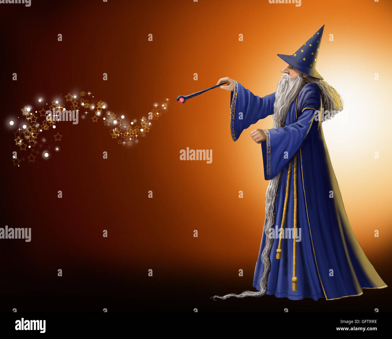 Wizard waving his magic wand. Stock Photo