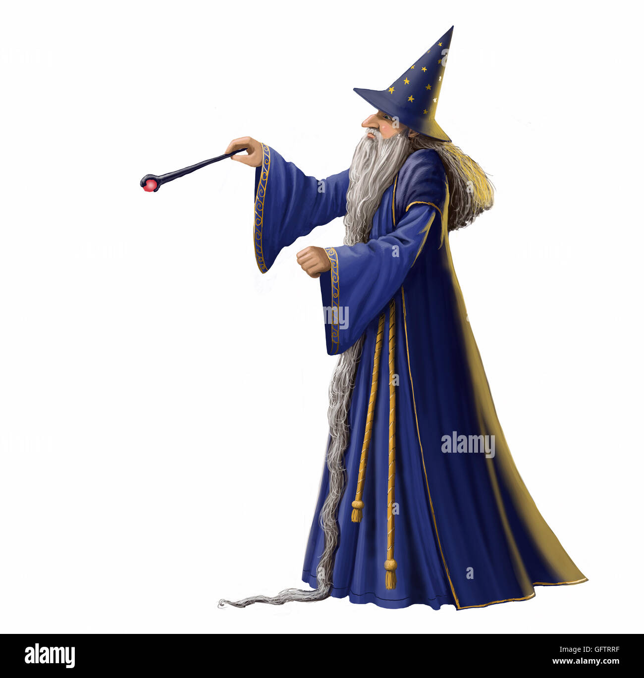 Wizard waving his magic wand isolated on a white background. Stock Photo