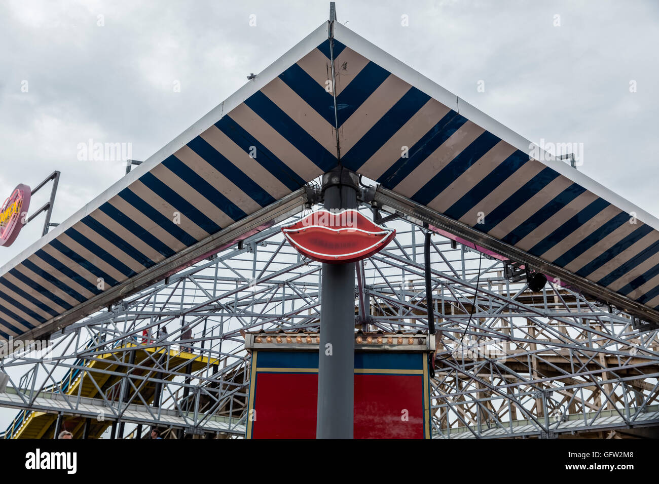 Red lips on an attraction at the Dreamland amusement park in Margate in Kent. Stock Photo