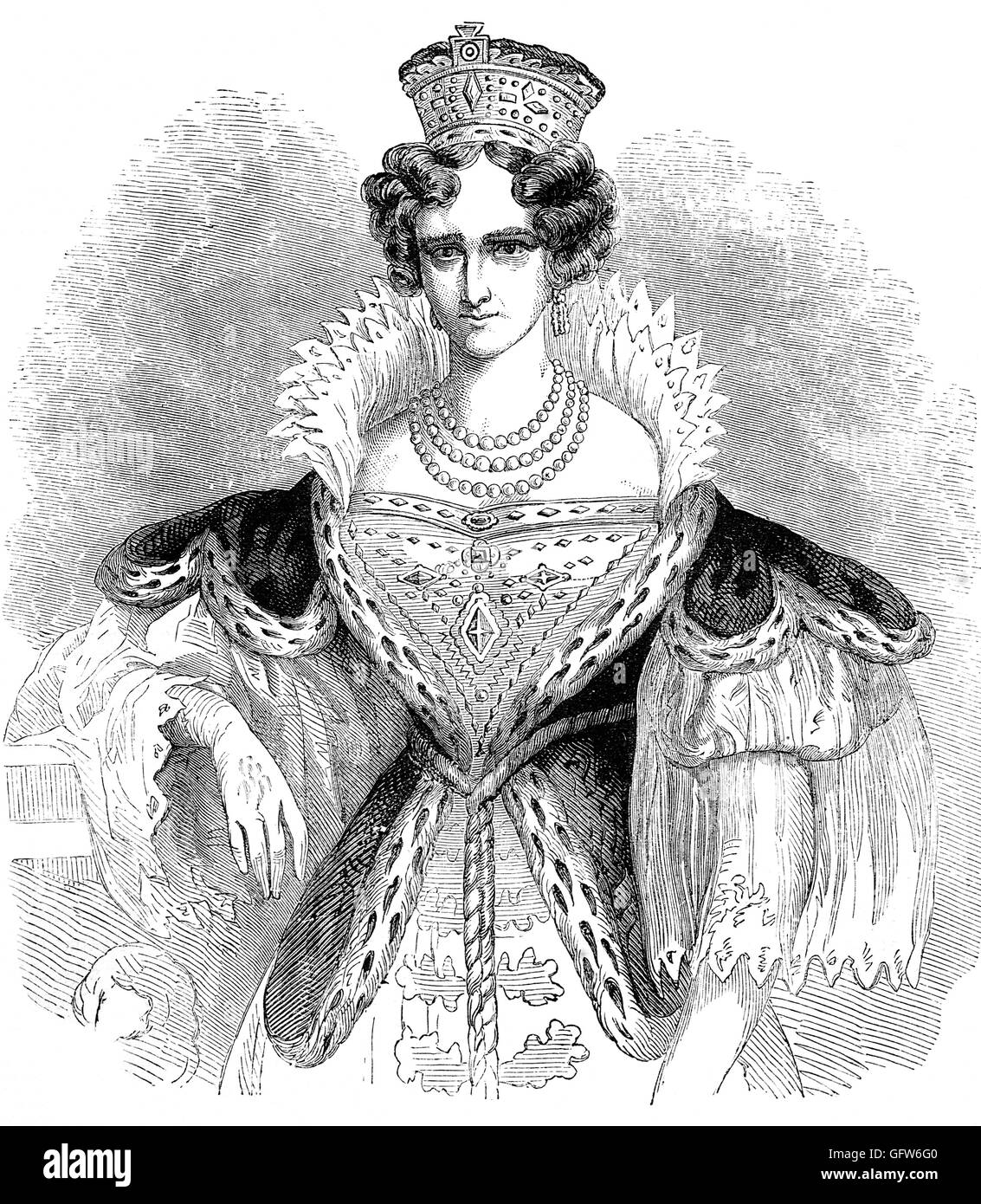 Adelaide of Saxe-Meiningen (1792 – 1849) was the queen consort of the United Kingdom and of Hanover as spouse of William IV of the United Kingdom. Adelaide was the daughter of George I, Duke of Saxe-Meiningen, and Luise Eleonore, daughter of Prince Christian of Hohenlohe-Langenburg. Stock Photo