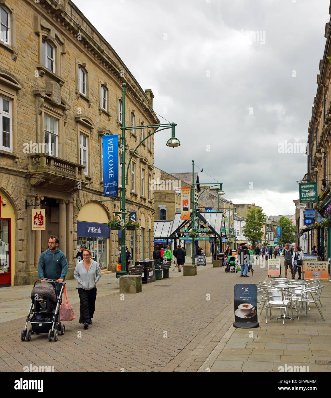 One of the main shopping streets in the lovely Spa town of Buxton in the Derbyshire Peak District, England, UK. Stock Photo