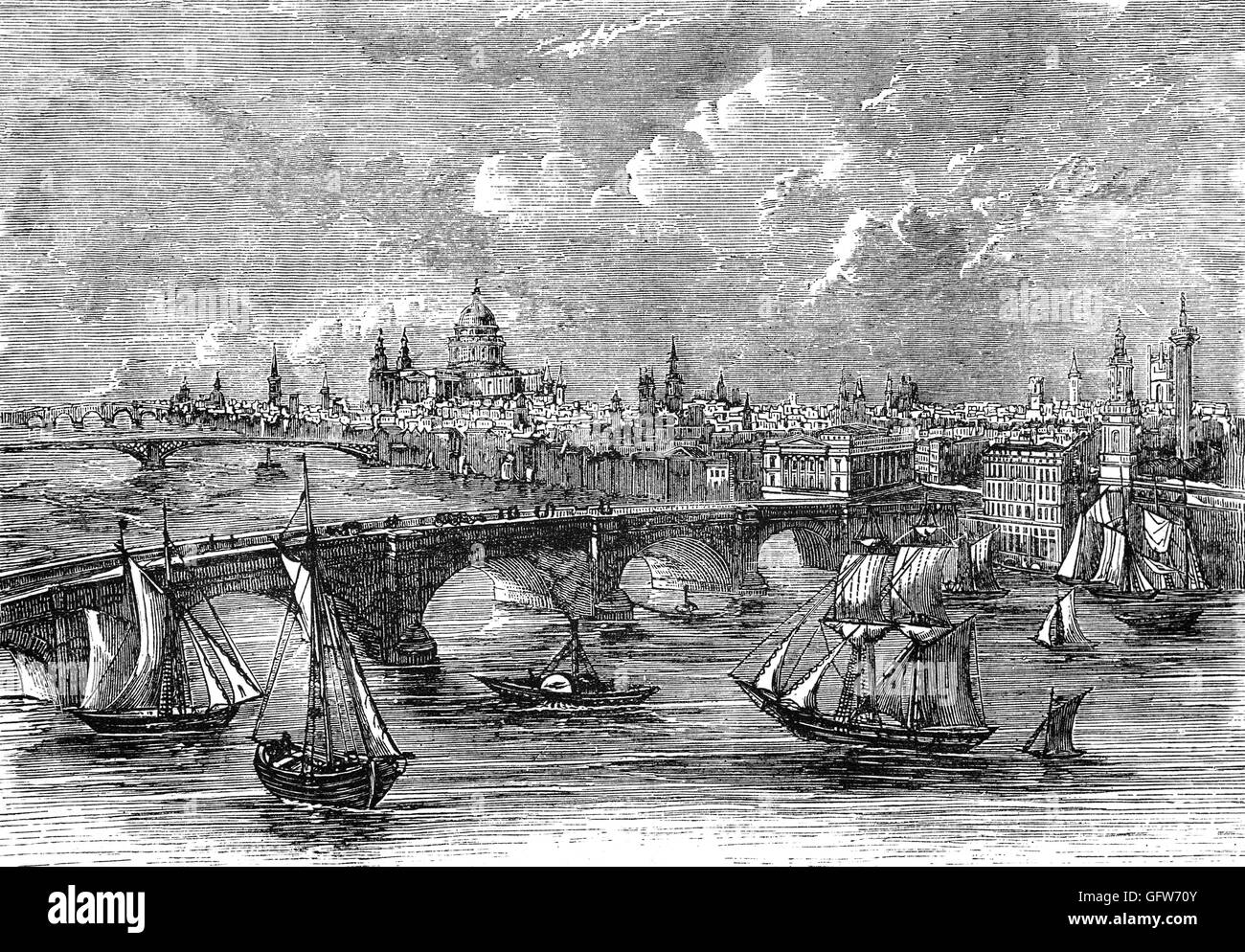 The old 600 year old London Bridge was narrow and decrepit, and blocked river traffic. In 1799, a competition for designs to replace the old bridge was held. John Rennie won the competition with a conventional design of five stone arches.  Work began in 1824 and the foundation stone was laid, in the southern coffer dam, on 15 June 1825. England. Stock Photo