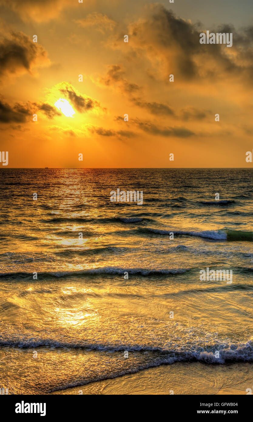 Sunset over the Mediterranean Sea off the coast of Tel Aviv Stock Photo
