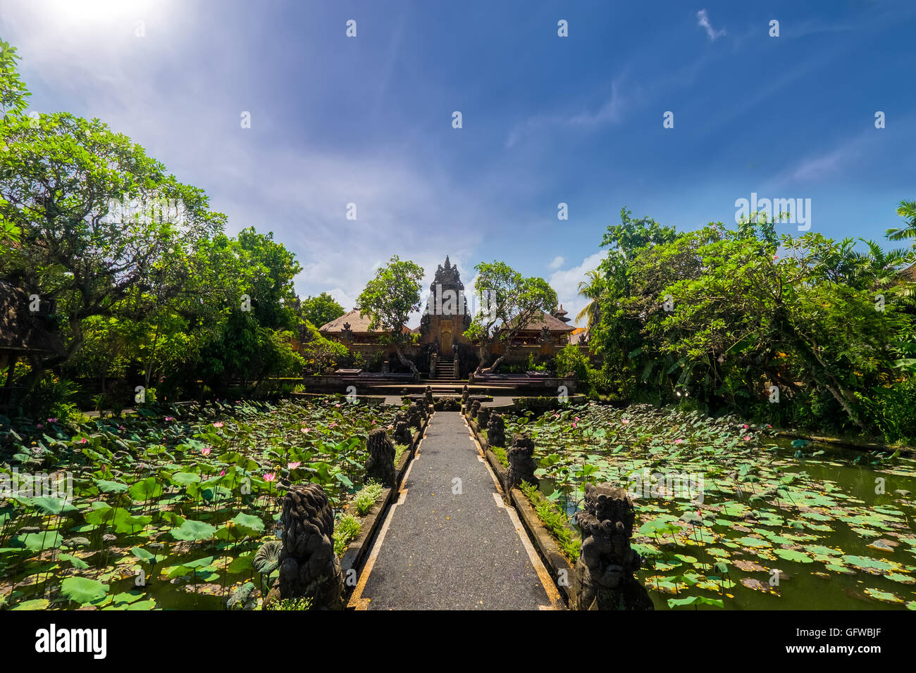 Amazing view of pond with lotus flowers near Pura Saraswati Hindu temple in Ubud, Bali, Indonesia Stock Photo
