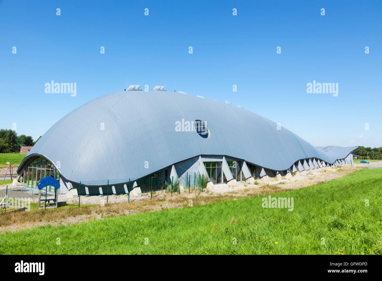 Whale-shaped indoor playground building at Friedrichskoog, Germany Stock Photo