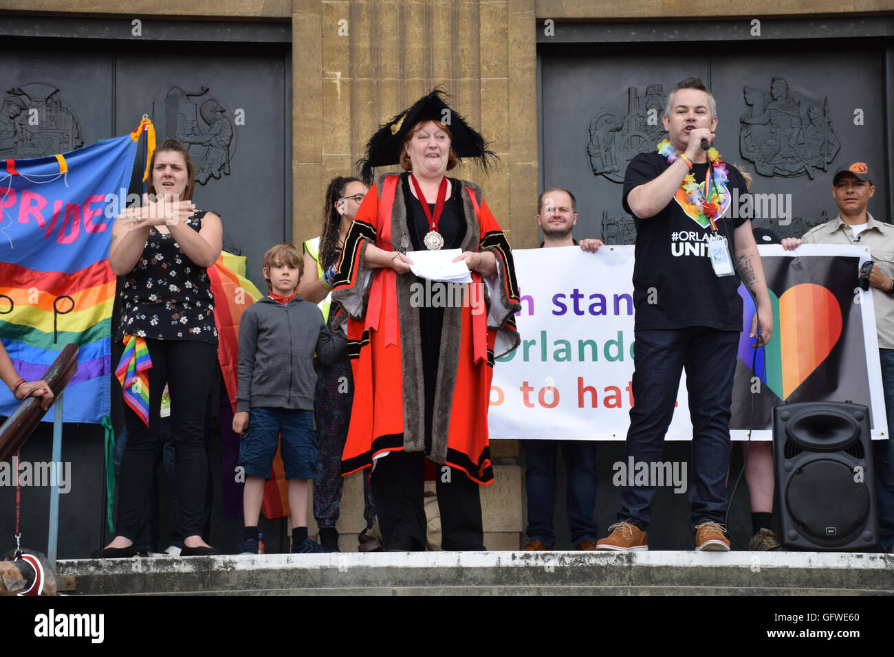 Marion Maxwell, Lord Mayor, with Andy Futter, Chair of Norwich Pride, speaking with signer, Norwich Pride 30 July 2016 UK Stock Photo