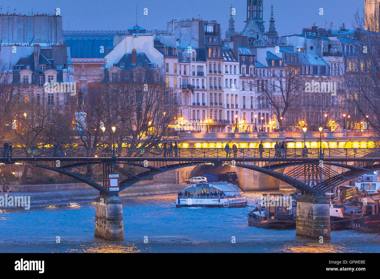 Paris bridge Seine night, view of two Paris bridges - the Pont Neuf and