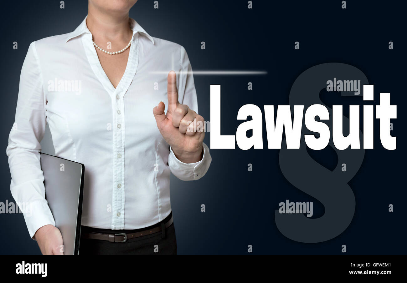 Lawsuit touchscreen is operated by businesswoman. Stock Photo