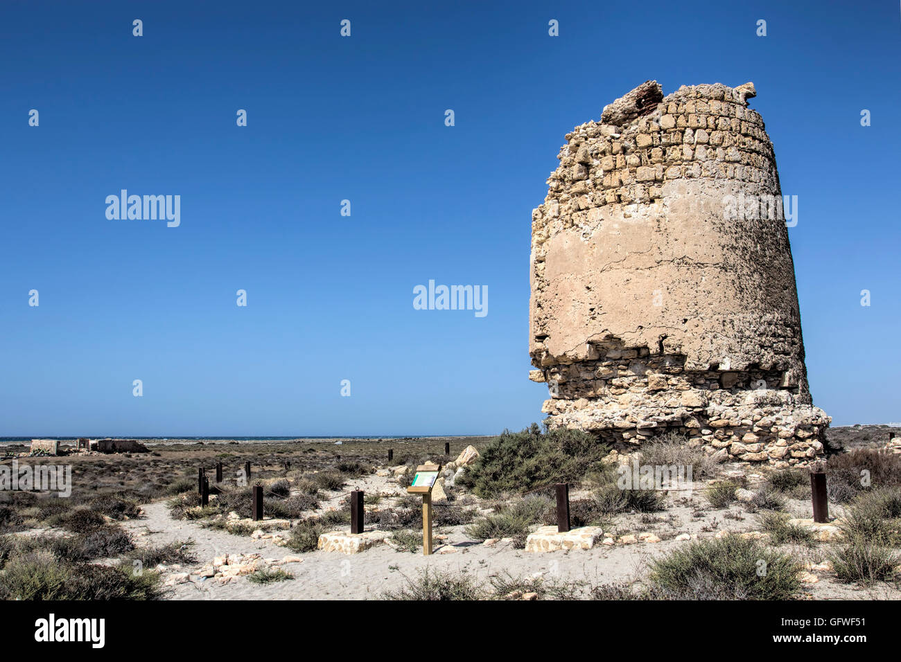Torre De Cerrillos, Roquetas de Mar. Tower built in the 16th Century to protect the coast from attacks by Barbary Pirates Stock Photo