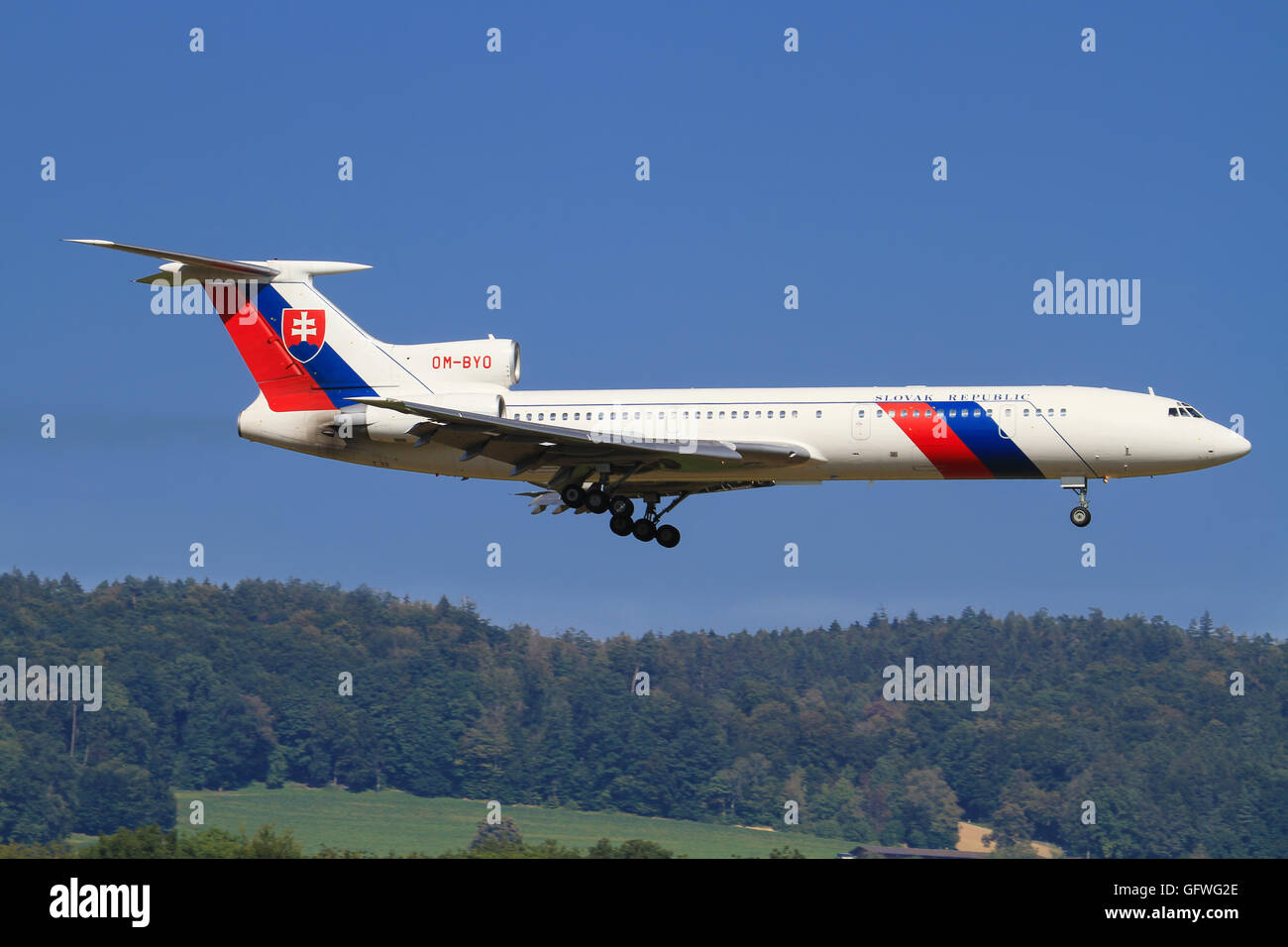 August 10, 2014: Polish Air Force Tupolev Tu-154M landing at Zurich Airport. Stock Photo