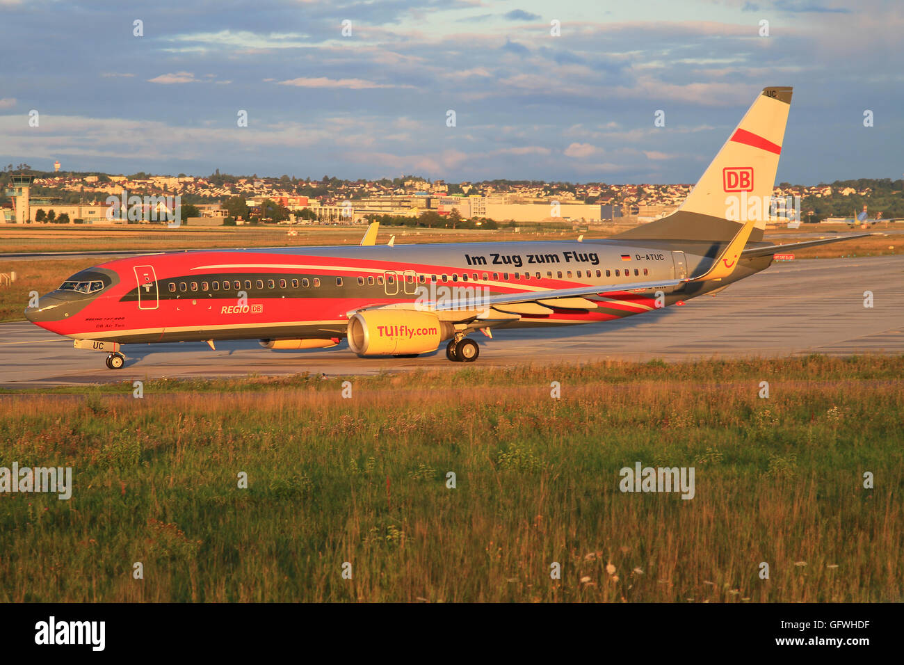 Stuttagart/Germany July 12, 2012: Boeing 737 from Tuifly with DB livery ready to takeoff at Stuttgart Airport. Stock Photo