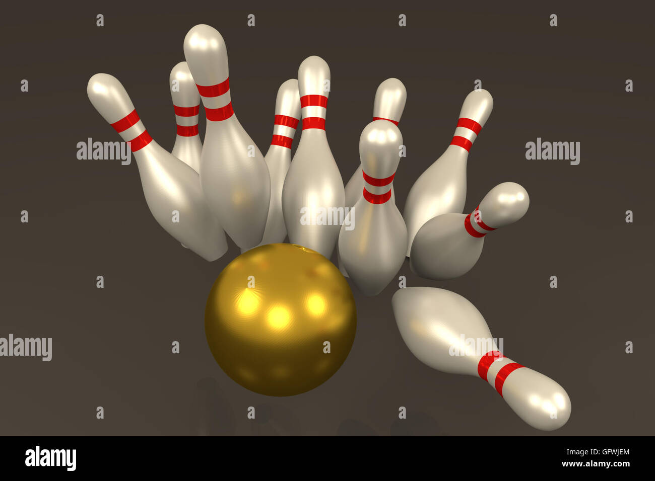 3D rendering of Bowling pins hit by golden ball in gray background Stock  Photo - Alamy