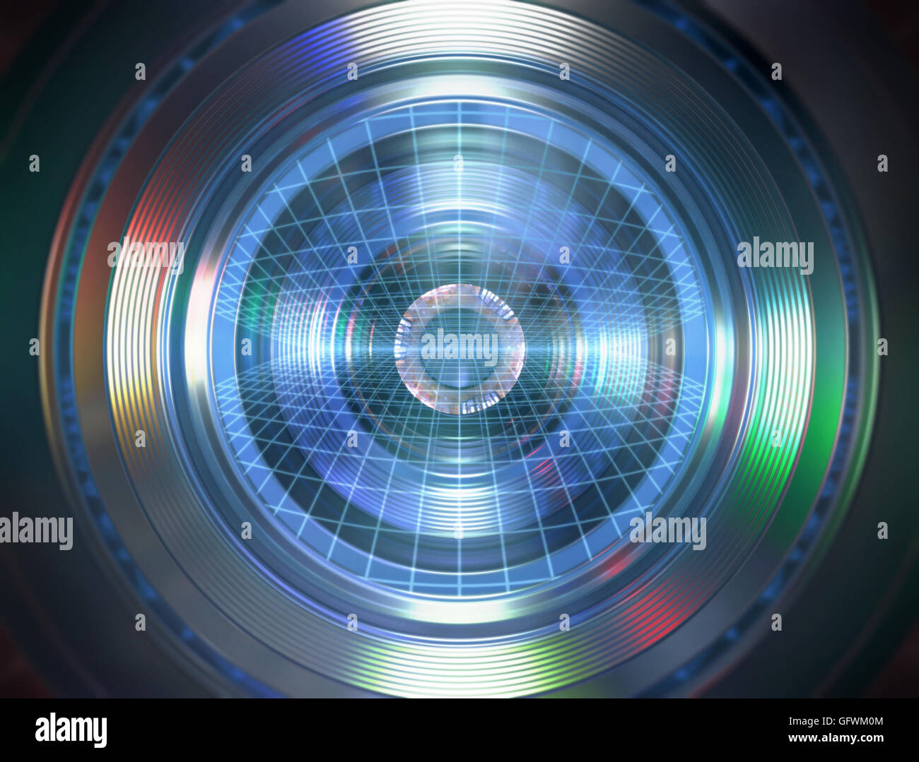 3D illustration. Robotic eye with similarity to the human eye and elements of a photographic lens. Stock Photo