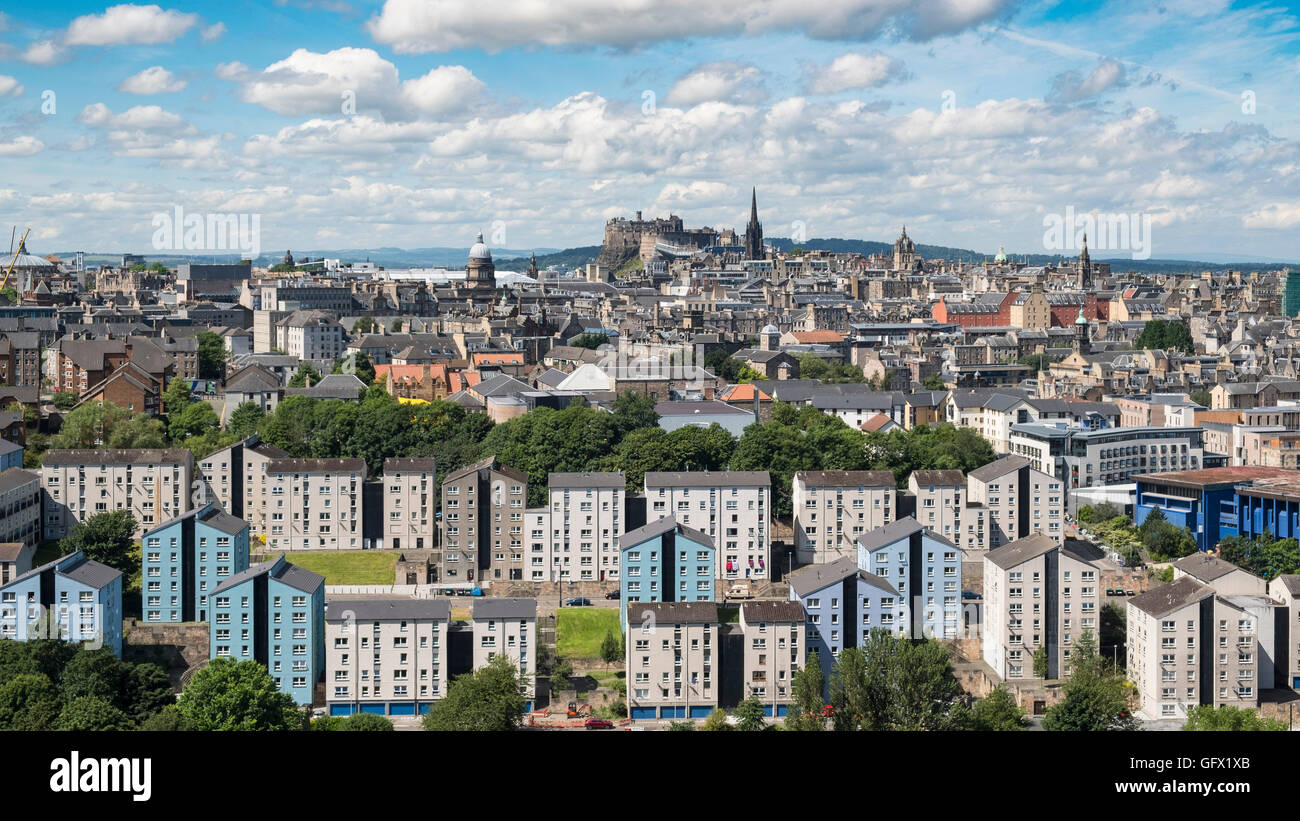 Skyline of city of Edinburgh from Salisbury Crags in Scotland United Kingdom Stock Photo