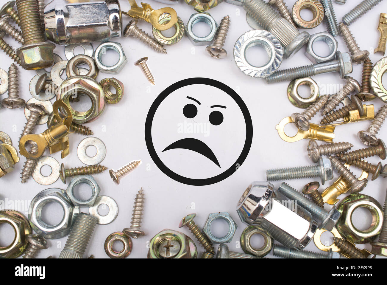 Frustrated Person Icon in nut bolts - irritated concept. Stock Photo