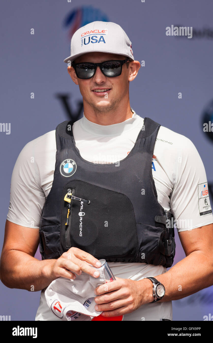 Oracle Team USA Wing Trimmer, Kyle Langford, at the America's Cup 2016 in Portsmouth, UK. Stock Photo