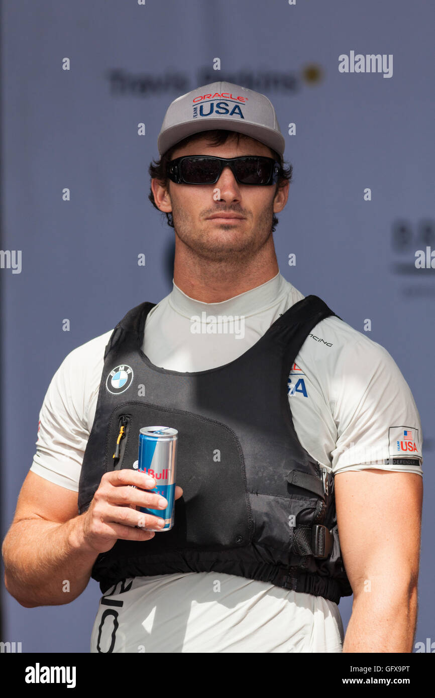 Oracle Team USA Bow/Grinder, Louis Sinclair, at the America's Cup 2016 event in Portsmouth Stock Photo