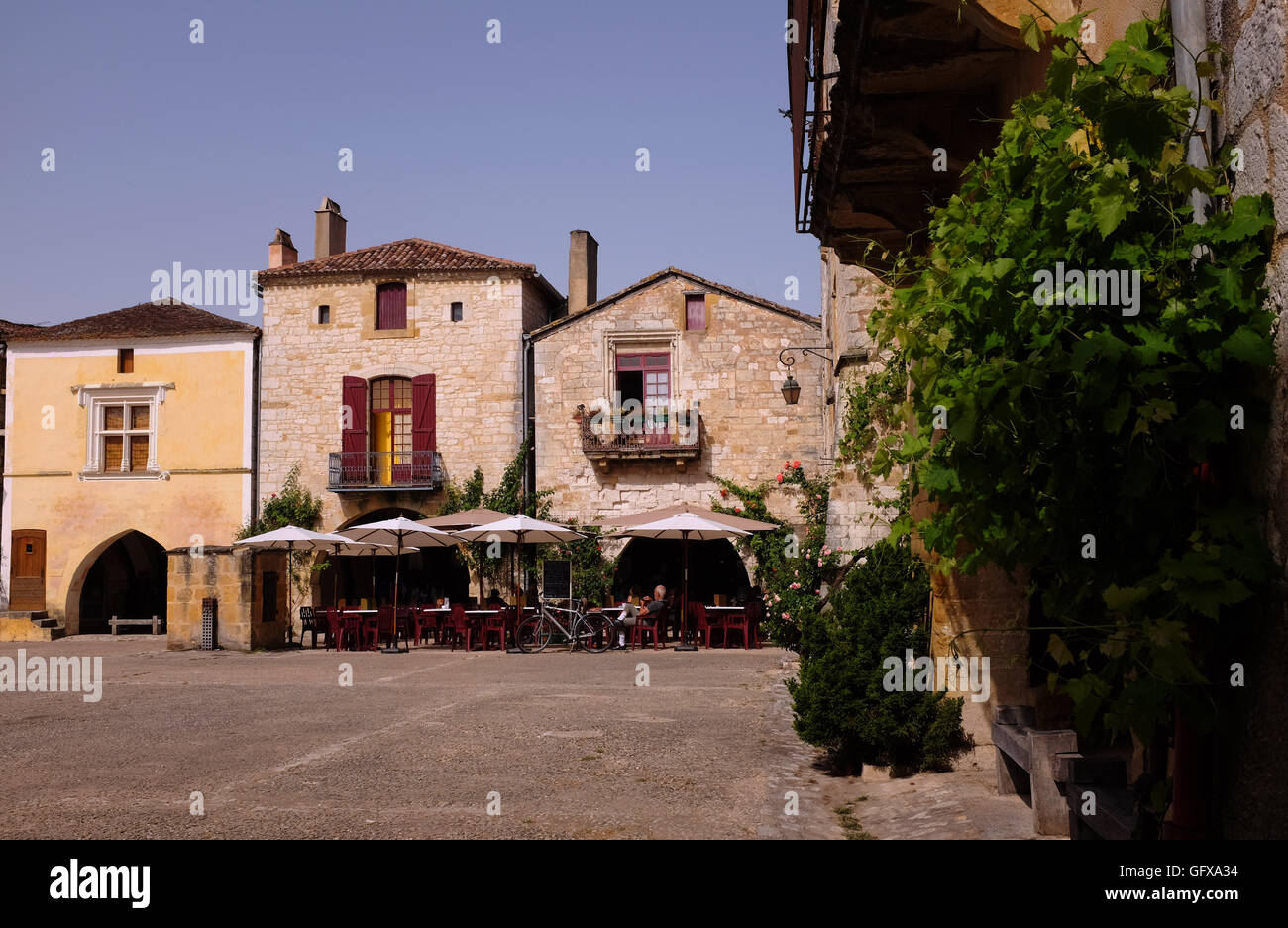 The famous square in beautiful  bastide of Monpazier is one of 'Plus beaux villages de France' in the Dordogne Region Stock Photo