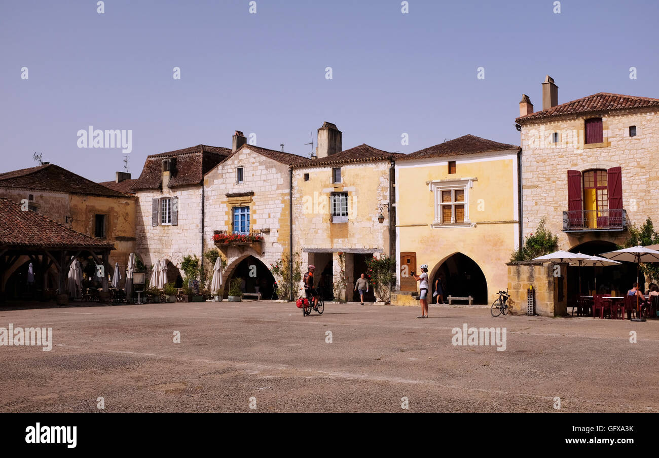 The famous square in beautiful  bastide of Monpazier is one of 'Plus beaux villages de France' in the Dordogne Region Stock Photo