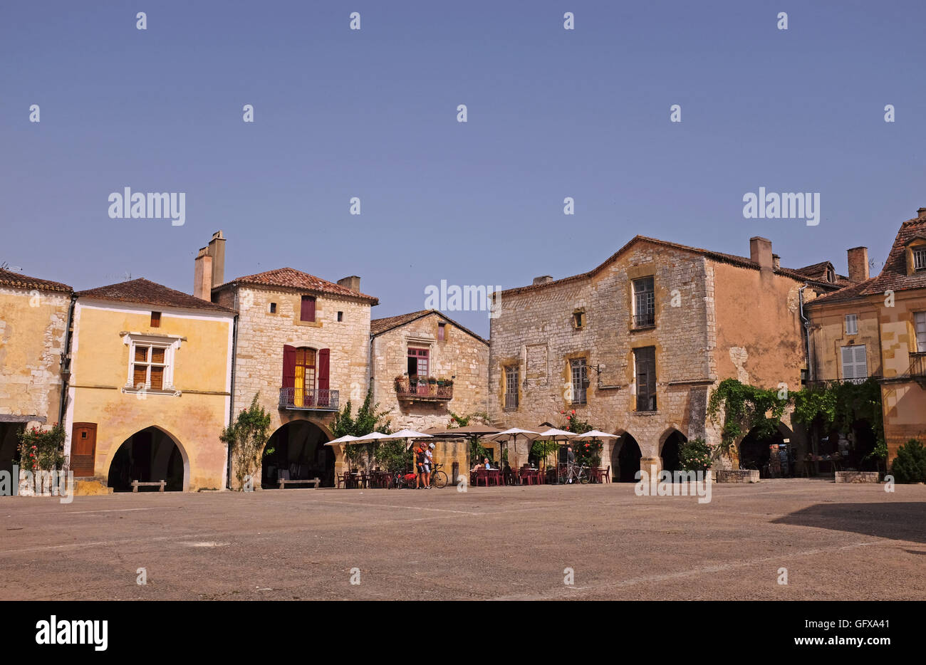 The famous square in beautiful  bastide of Monpazier is one of 'Plus beaux villages de France' in the Dordogne Region Stock Photo