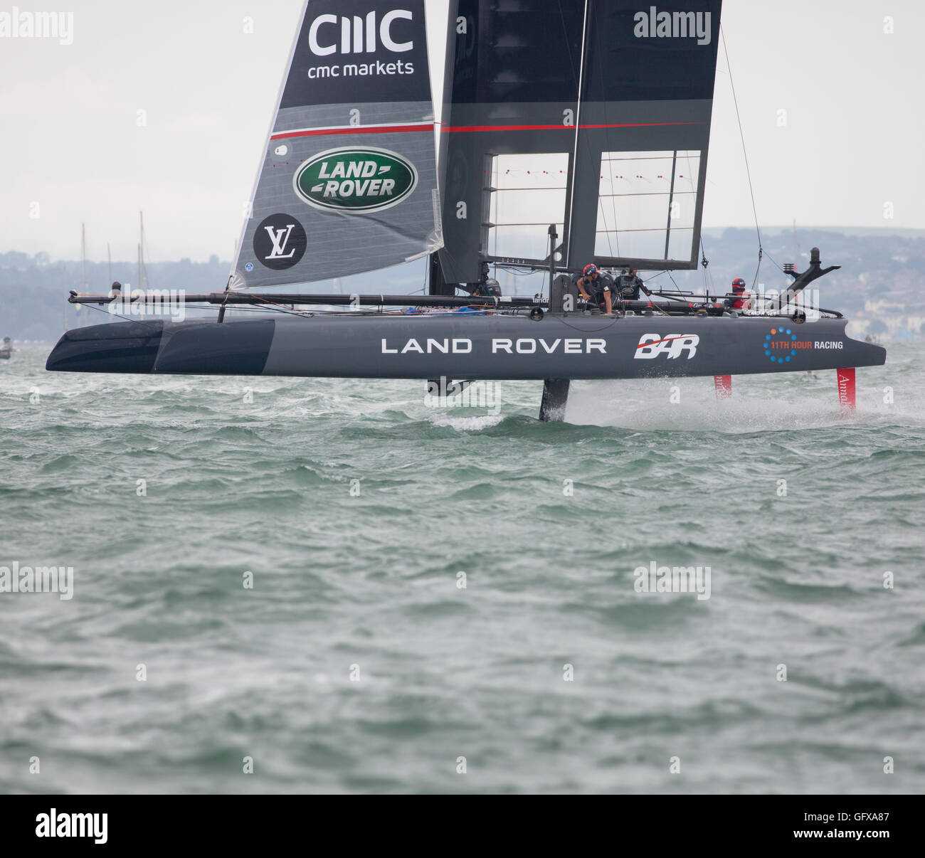 Land Rover BAR sailing team in action at the 2016 America's Cup World Series sailing event in Portsmouth, UK Stock Photo