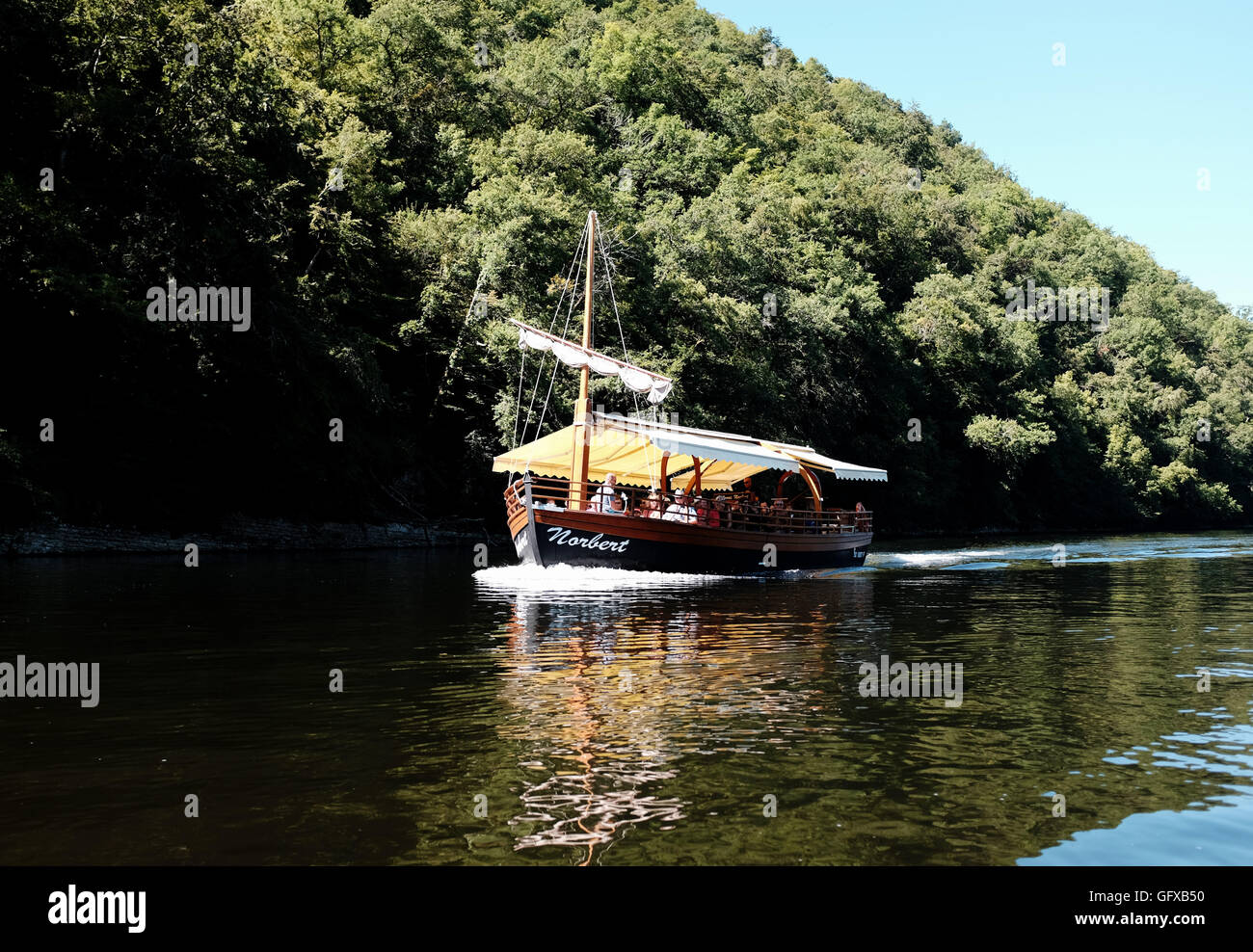 Tourist pleasure boat on the River Dordogne South West France Midi Pyrenees Stock Photo