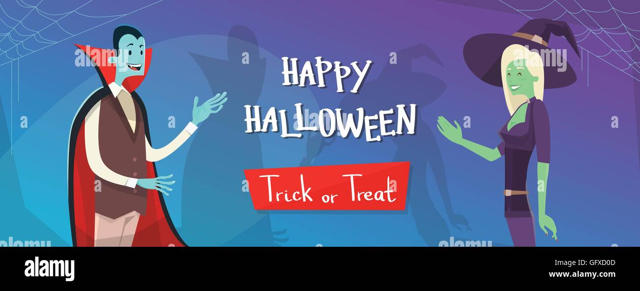 Happy Halloween Banner Invitation Card Vampire And Witch Cartoon ...