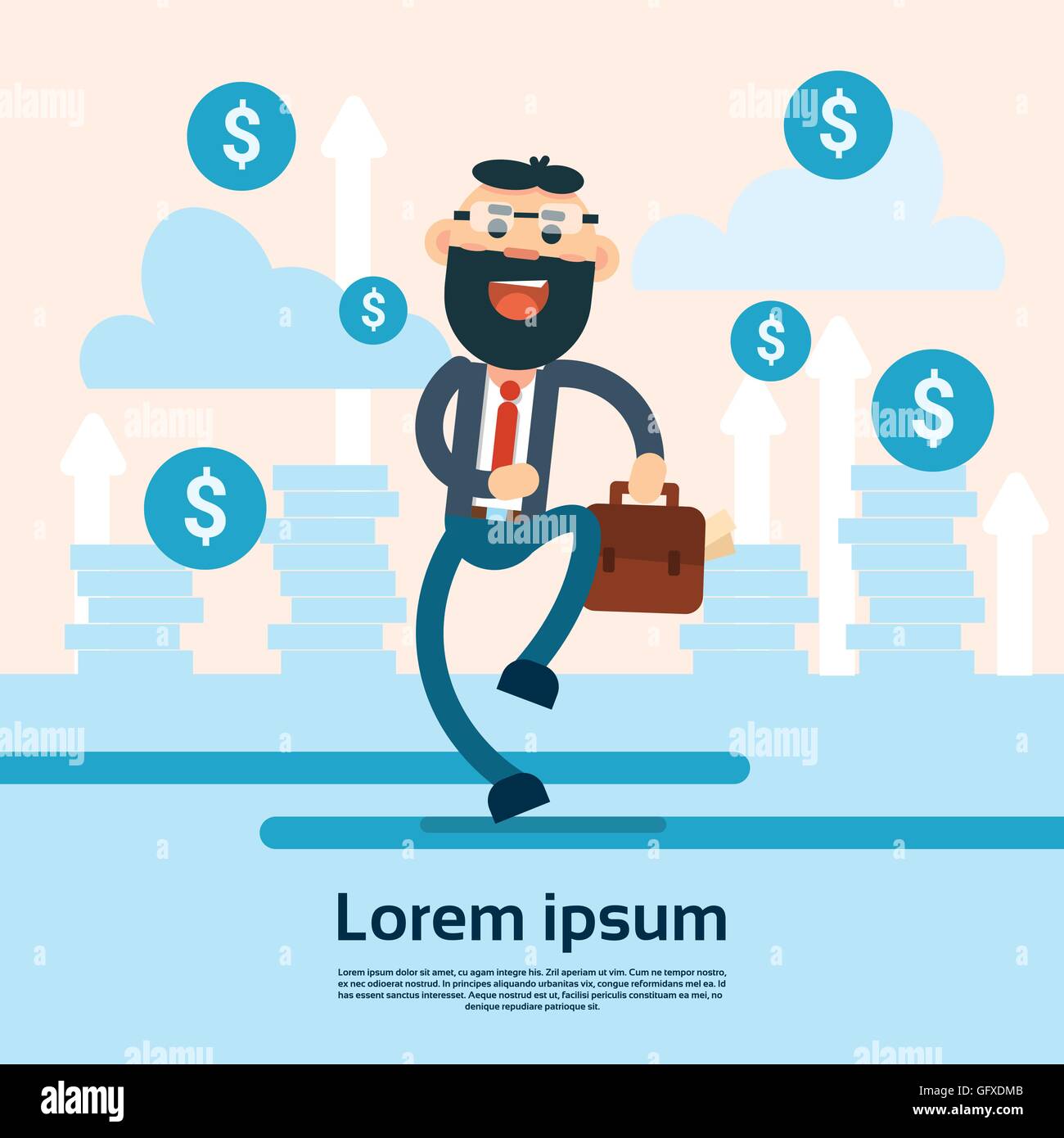 Happy Walking Business Man Hold Briefcase Arrow Up Background Financial ...