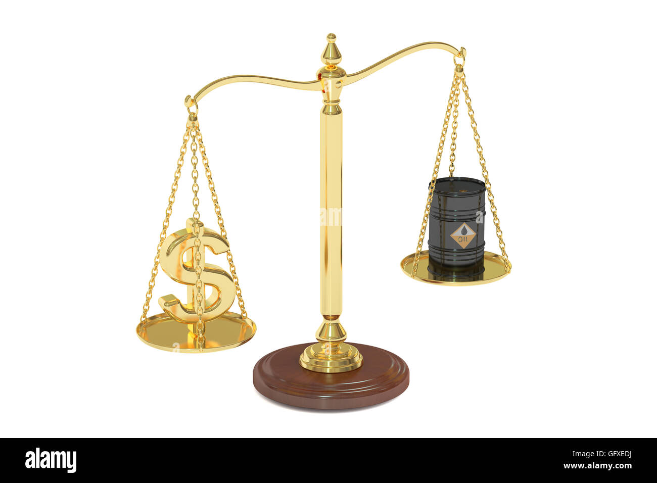 oil barrel and dollar on scales. 3D rendering Stock Photo