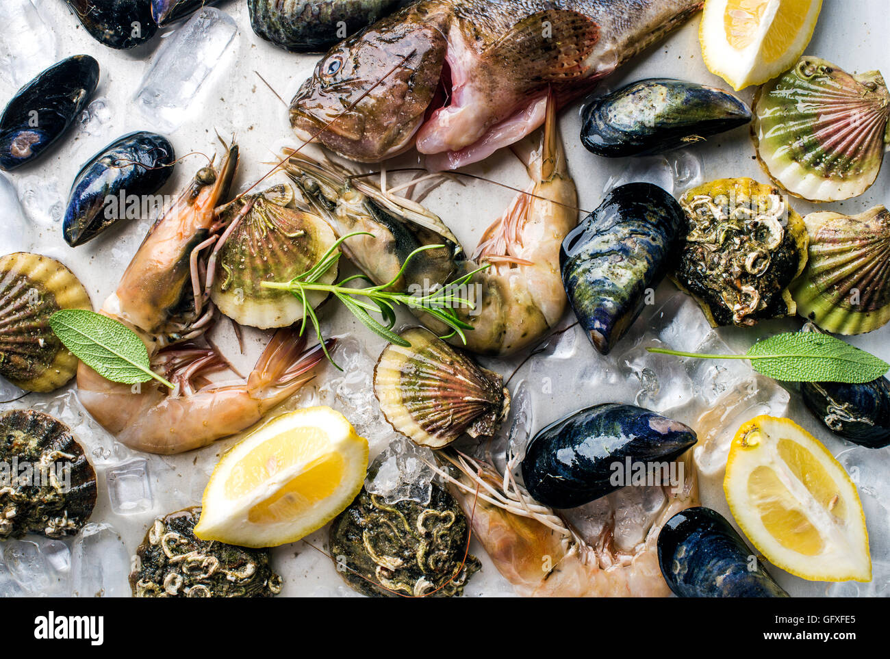 Fresh seafood with herbs and lemon on ice. Prawns, fish, mussels