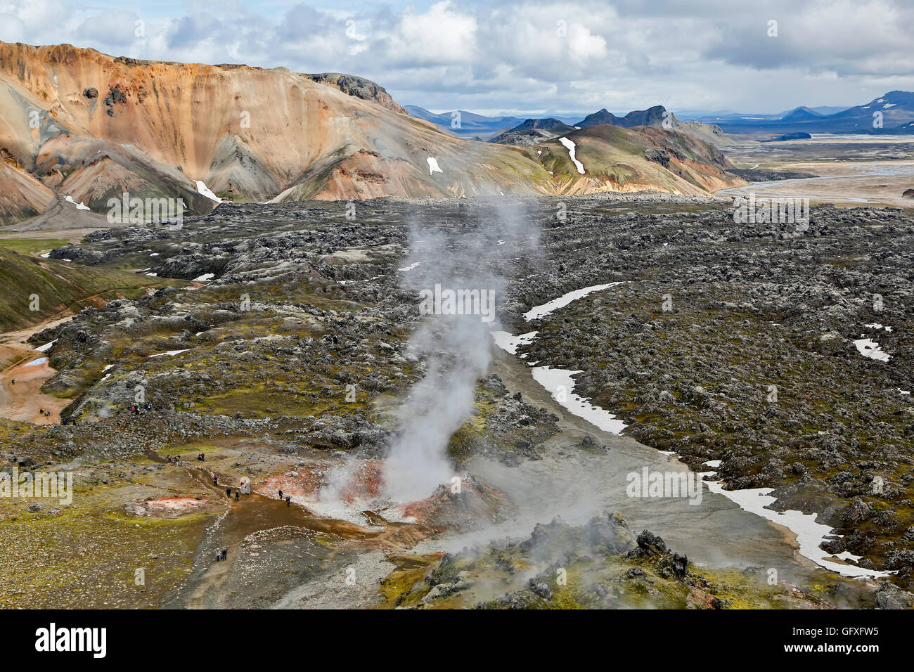 Rhyolite mountains, lava field and fumarole, Landmannalaugar, Fjallabak