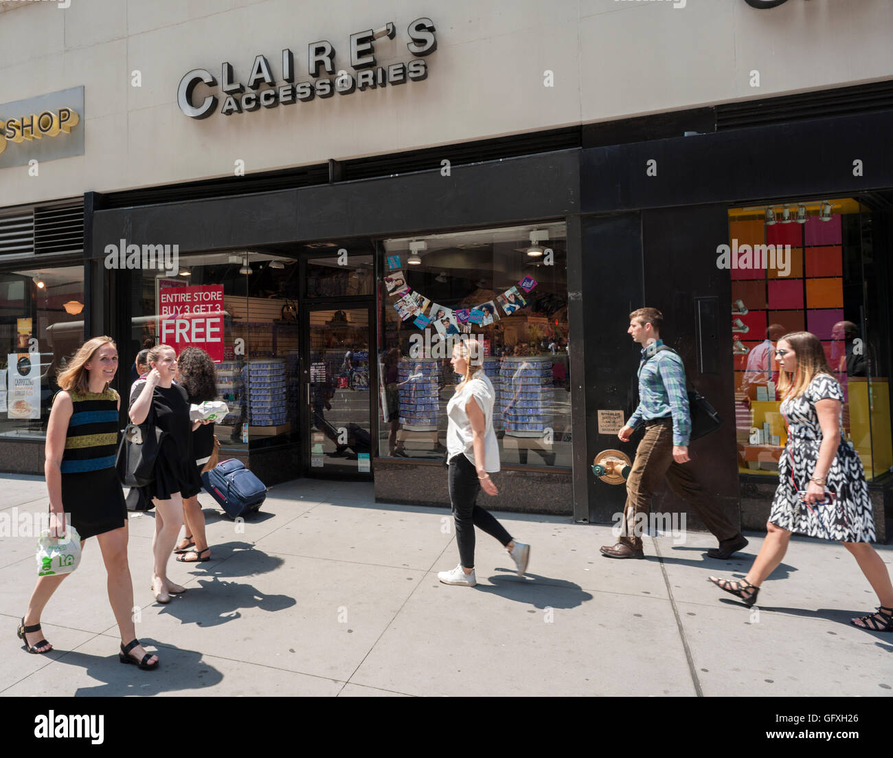A Claire's Store in Midtown Manhattan in New York on Thursday, July 28, 2016. The retailer, owned by Apollo Global Management, is saddled with debt and is reported to need an increased cash flow during the next few months. Luckily, the back-to-school season is the chains second busiest but it will have to sell a lot of accessories to teens. The retailers owes $2.4 billion and faces bankruptcy. (© Richard B. Levine) Stock Photo