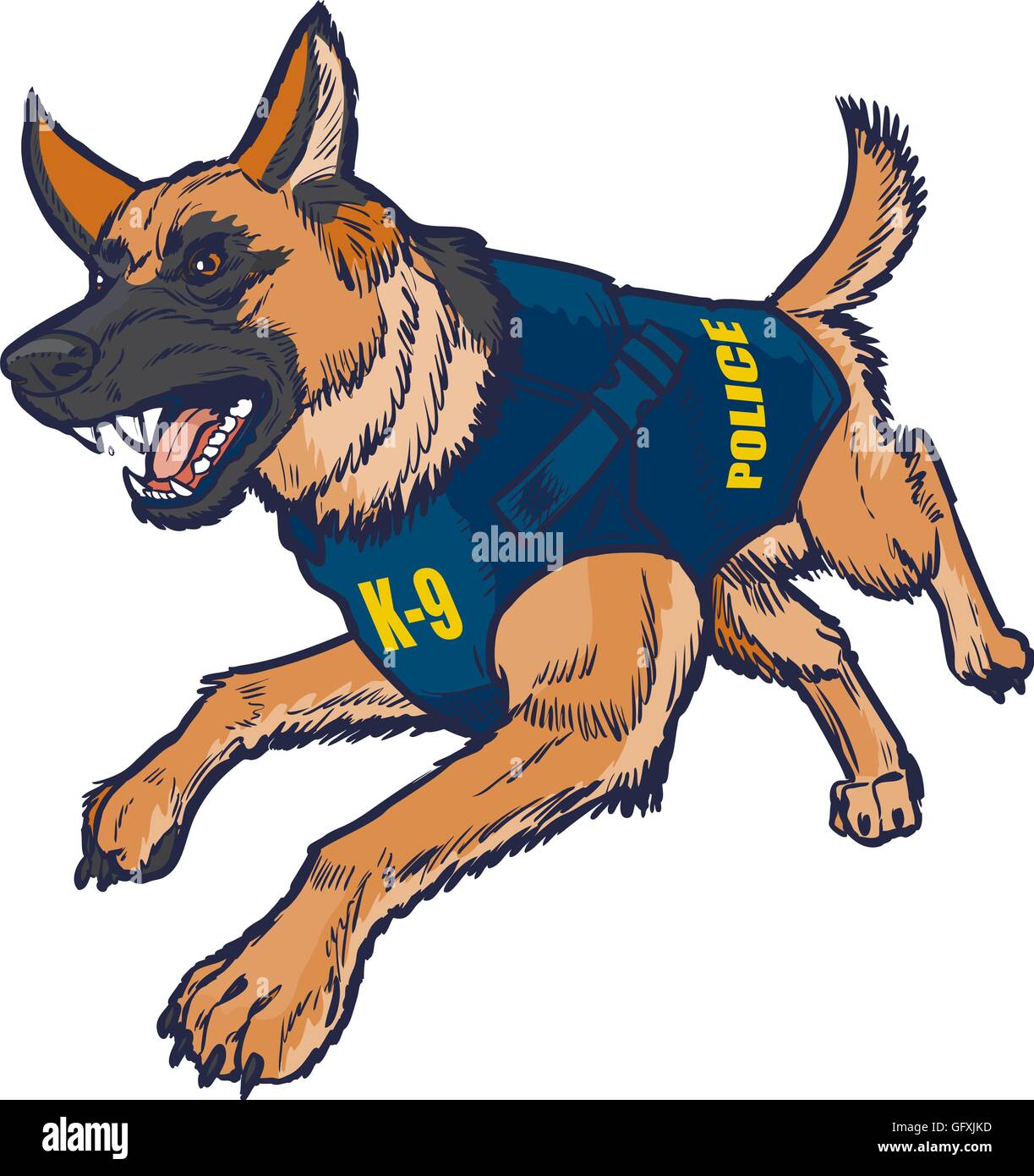 Vector cartoon clip art illustration of a police K9 german shepherd dog with a bulletproof vest running toward the viewer Stock Vector