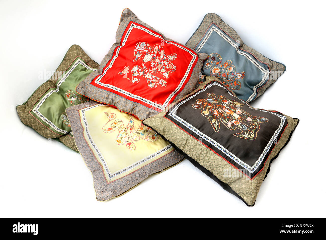 Embroidered Silk Cushions With Chineses Characters Stock Photo