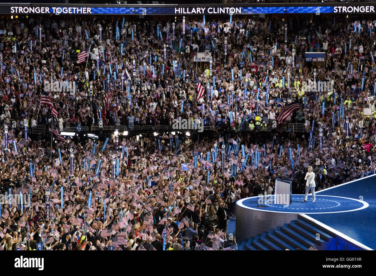 Philadelphia, Pennsylvania, USA. 28th July, 2016. U.S. Democratic Presidential Candidate Hillary Clinton takes the stage on the last day of the 2016 U.S. Democratic National Convention at Wells Fargo Center, Philadelphia, Pennsylvania, the United States on July 28, 2016. Former U.S. Secretary of State Hillary Clinton has formally accepted the U.S. Democratic Party's nomination for president and pledged more economic opportunities for Americans and "steady leadership ". © Li Muzi/Xinhua/Alamy Live News Stock Photo