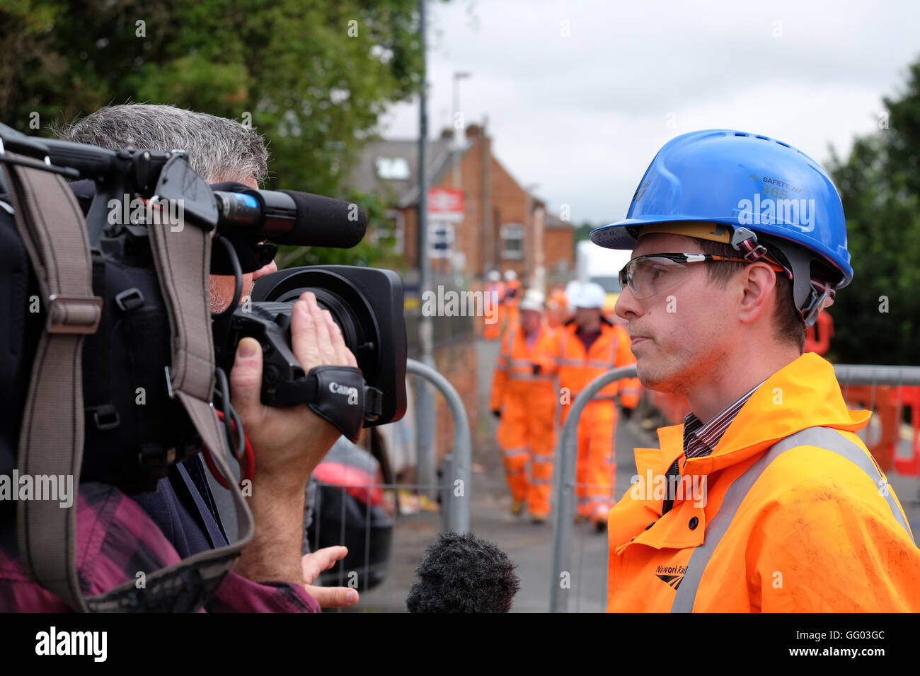 Toby higgins network rail being interviewed by the media at the rail bridge collapse grove road barrow upon soar Stock Photo