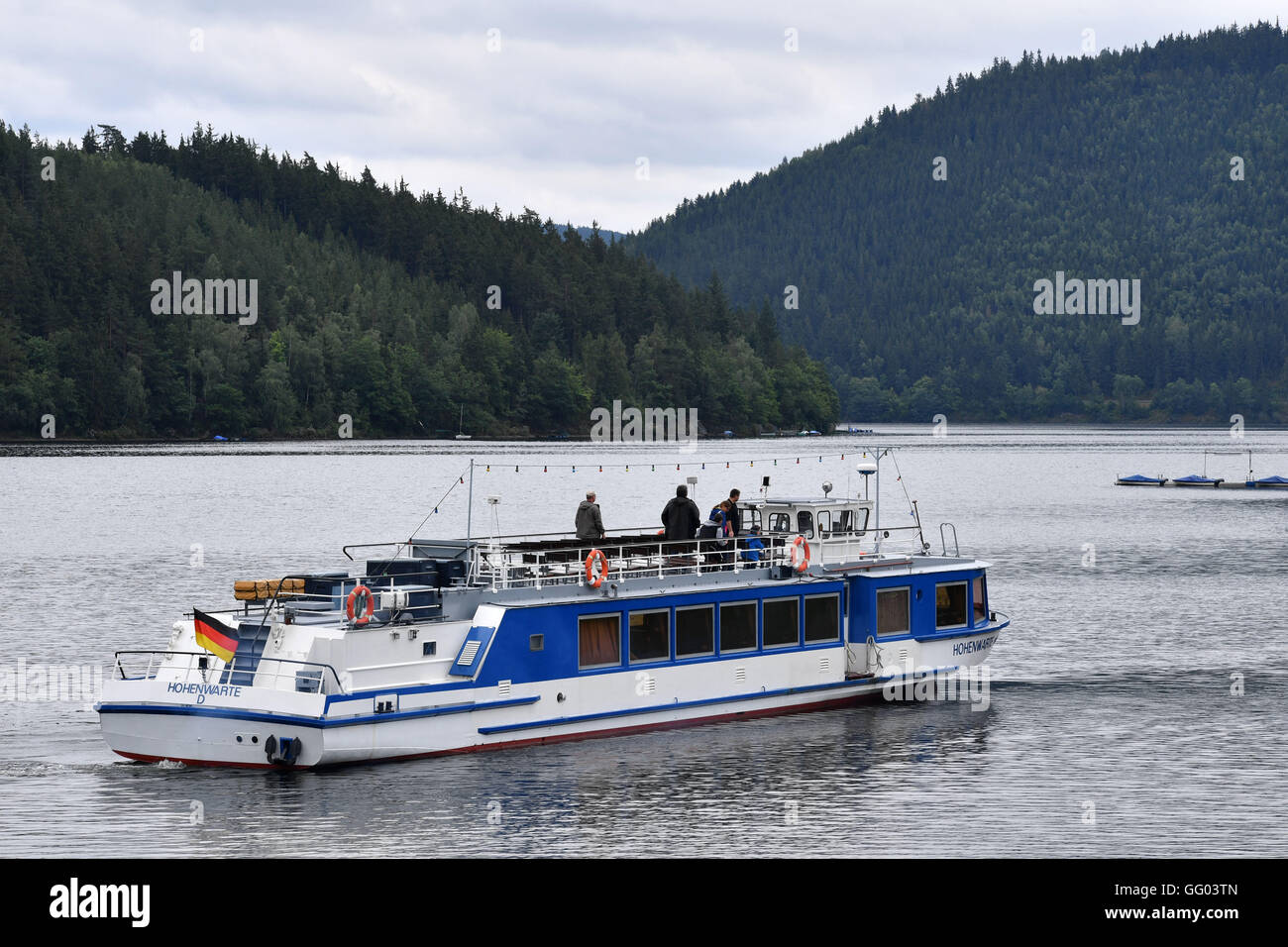 Hohenwarte, Germany. 02nd Aug, 2016. The passenger ship 'Hohenwarte' rides over Hohenwarte-Stausee lake in Hohenwarte, Germany, 02 August 2016. This is the fourth-largest dam in Germany. Photo: Martin Schutt/dpa/Alamy Live News Stock Photo