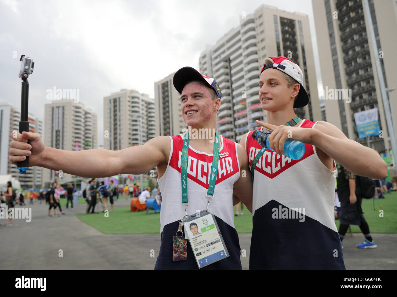 Rio de Janeiro, Brazil. 2nd Aug, 2016. Gymnastics Nikita Nagornyy (L) and Ivan Stetovich of Russia pose for a selfie during the Media day at the Olympic Village Barra prior to the Rio 2016 Olympic Games in Rio de Janeiro, Brazil, 2 August 2016. Rio 2016 Olympic Games take place from 05 to 21 August. Photo: Michael Kappeler/dpa/Alamy Live News Stock Photo