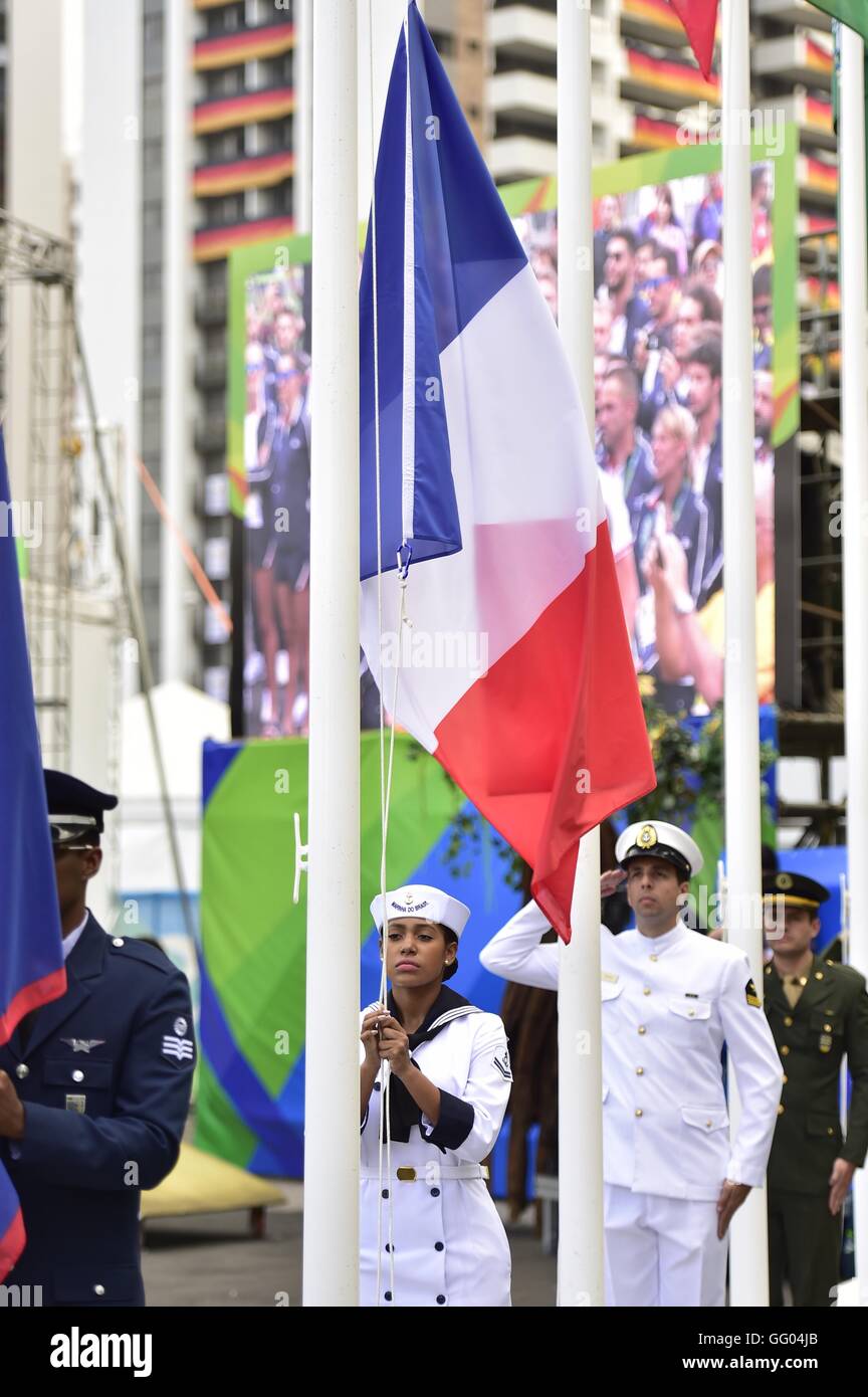 Rio De Janeiro, Brazil. 2nd Aug, 2016. The national flag of France is raised at the Olympic village in Rio de Janeiro, Brazil, on Aug. 2, 2016. © Yue Yuewei/Xinhua/Alamy Live News Stock Photo