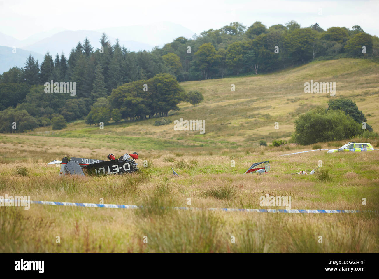 Argyll, UK. 02nd Aug, 2016. Crashed plane wreckage in a field at Lochnell Estate near Oban in Argyll. Credit:  John MacTavish/Alamy Live News Stock Photo