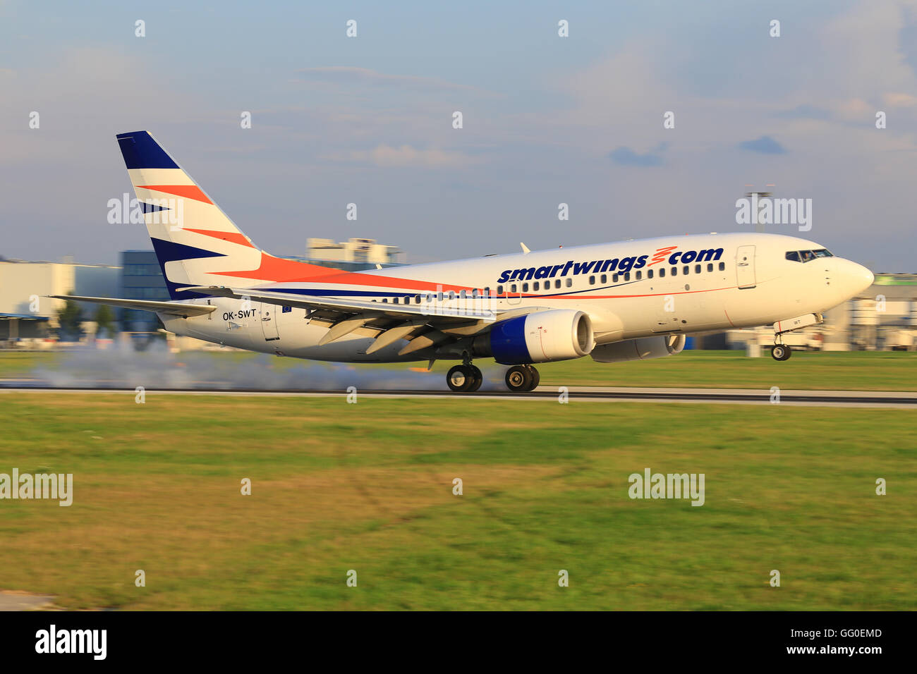 PRAGUE - APRIL 23: Smartwings Boeing B737 lands in PRG Airport Stock Photo