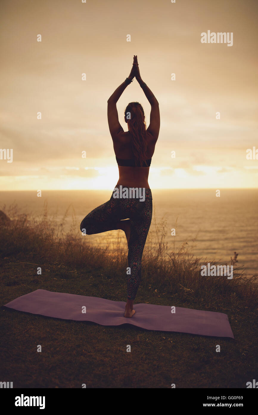 Silhouette of female doing tree pose yoga on the cliff. Woman practicing yoga at sunset. Stock Photo