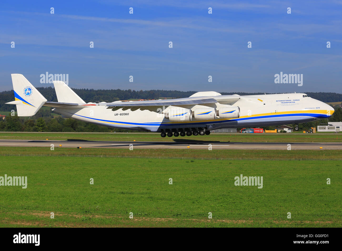 Zurich/Switzerland August 10, 2014: the biggest Airplane Antonov 225 from Antonov Airlines company landing at Zurich Airport. Stock Photo