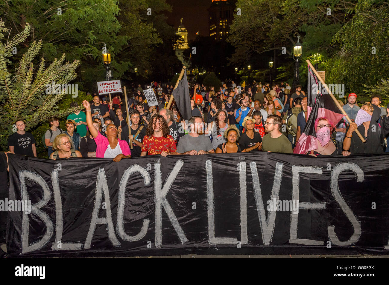 New York, United States. 01st Aug, 2016. The families of victims of police brutality, community members, and activists representing intersections of multiple social movements issued three clear demands to Mayor Bill de Blasio: 1. Fire NYPD Commissioner Bill Bratton and end Broken Windows policing; 2. Reparations for all survivors and victims of police brutality from NYPD budget; and 3. Defund the NYPD's $5.5 billion budget and re-invest into Black and Brown communities. Organizers plan to shut down City Hall Park until demands are met. Credit:  Erik McGregor/Pacific Press/Alamy Live News Stock Photo