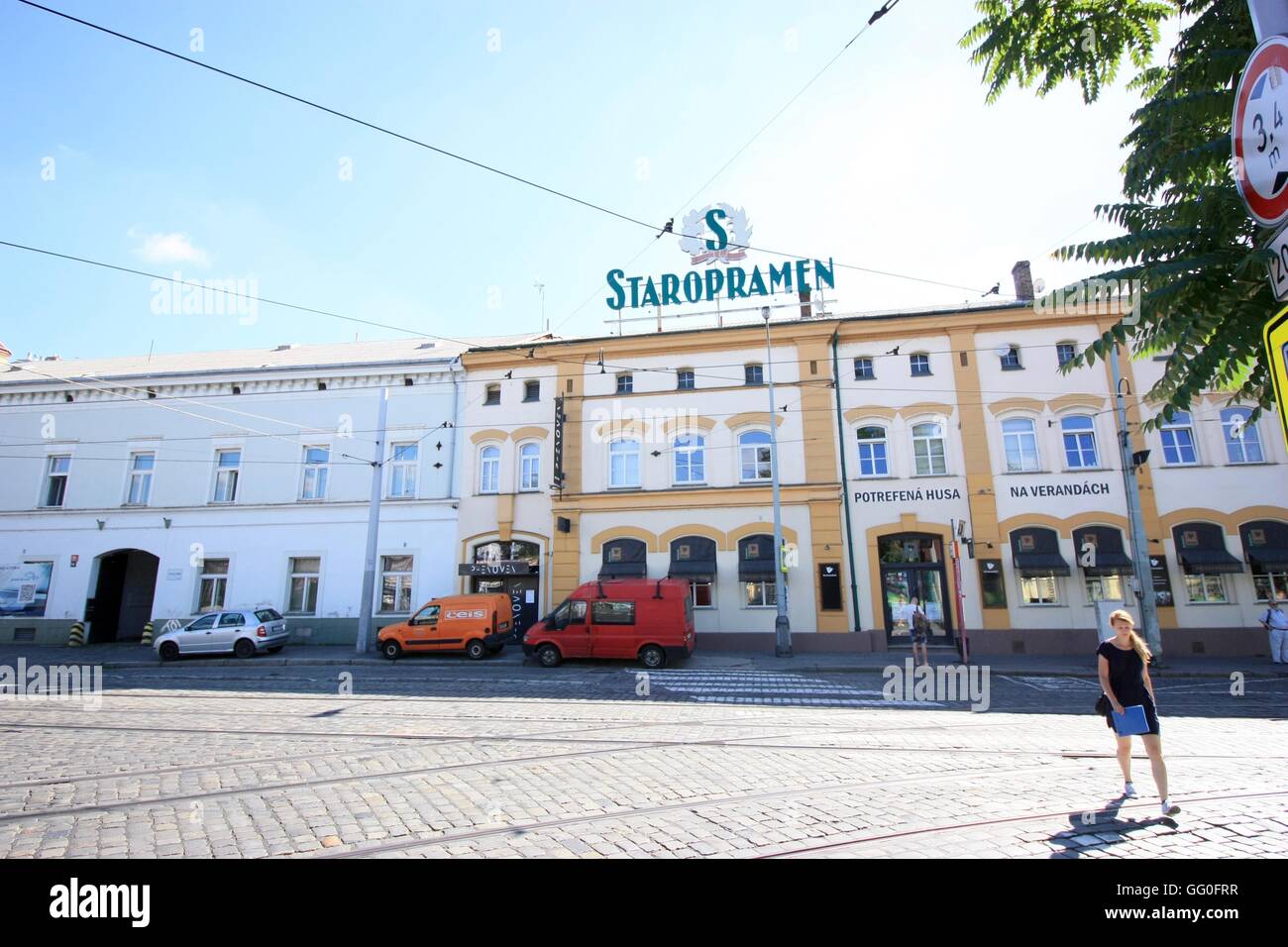 PRAGUE, CZECH REPUBLIC - JULY 19: Street view of Staropramen beer brewery on July 19, 2016 in Prague, Czech Republic Stock Photo