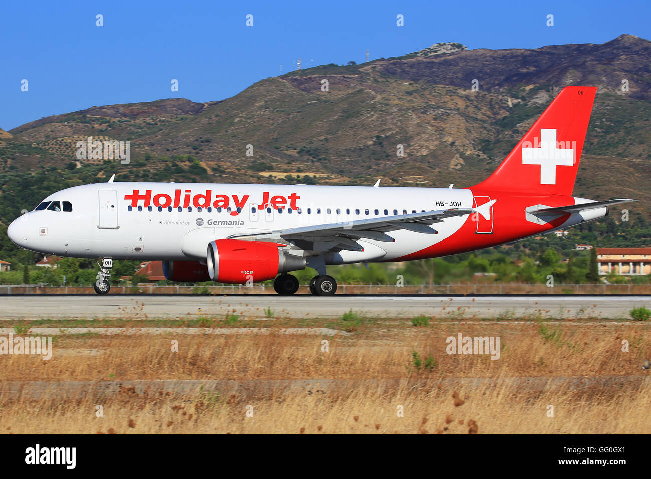 Zakynthos/Greece August 3, 2015: Airbus 320 from Holiday Jet Zakynthos Airport. Stock Photo