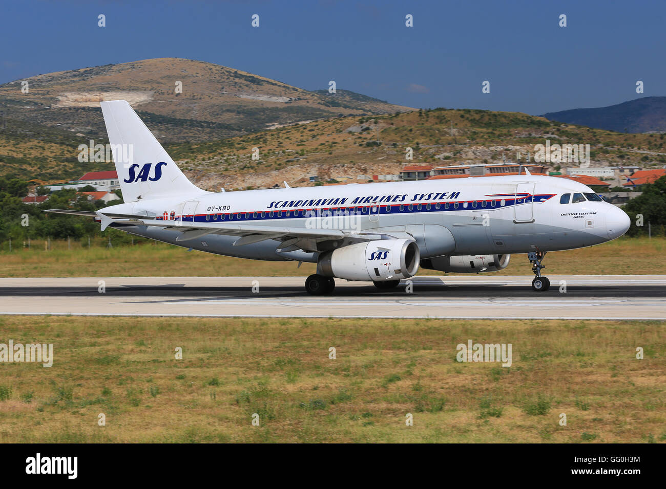Split/Croatia July 22, 2014: Retro Airbus 320 from SAS at Split Airport. Stock Photo