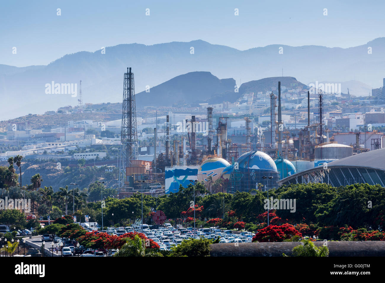 Industrial area to the south of Santa Cruz, including the old CEPSA oil refinary now a storage depot, Tenerife, Canary Islands, Stock Photo