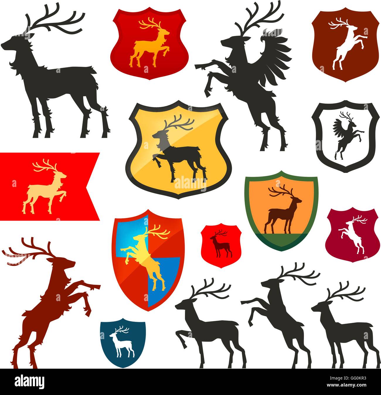 Shield with deer, reindeer, stag vector logo. Coat of arms, heraldry set icons Stock Vector