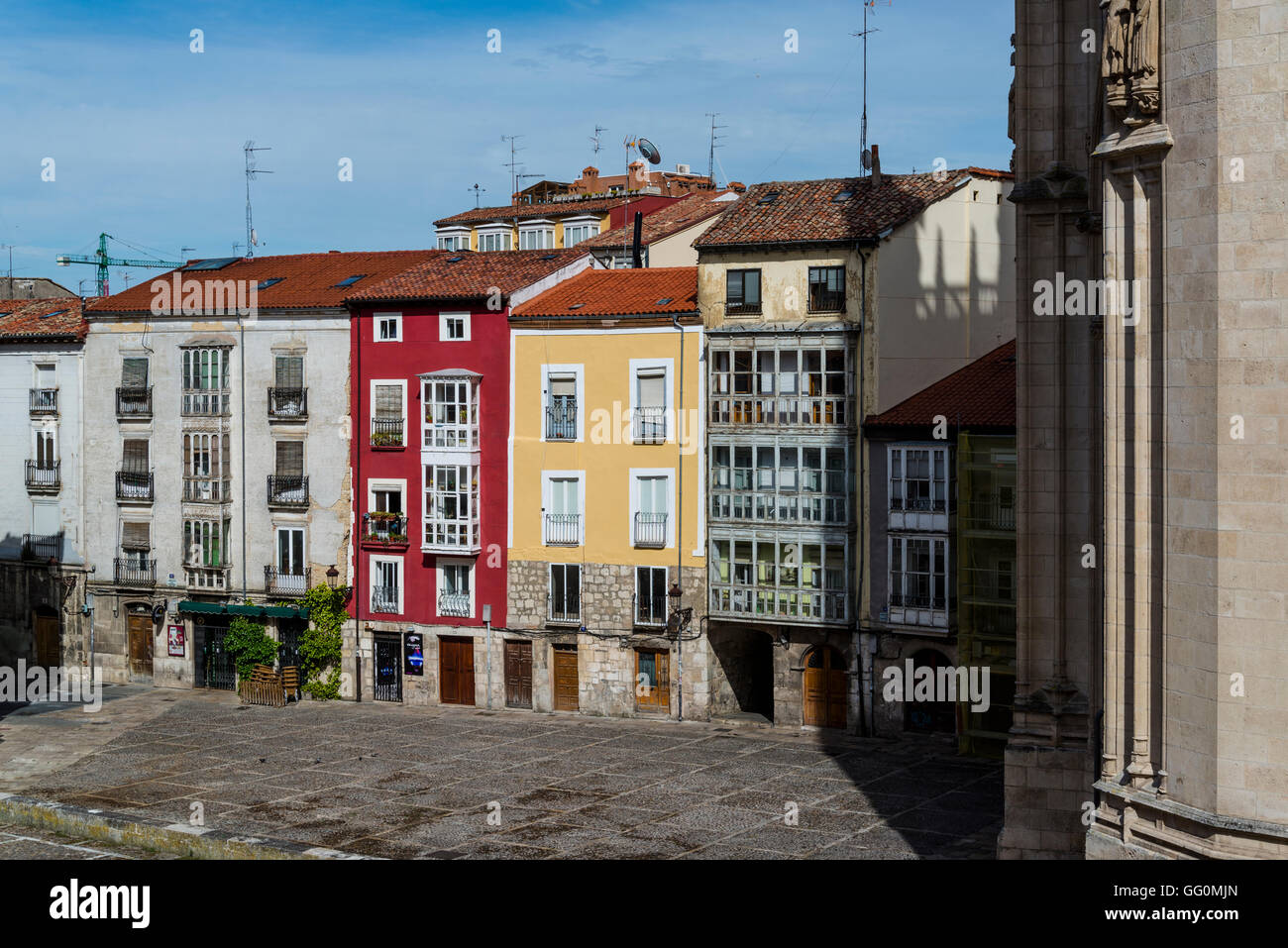 Historic townhouses lining the Cathedral Square, Burgos, Castile and Leon, Spain Stock Photo